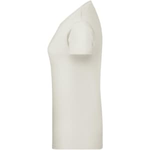 A light cream ladies' T-shirt with a fitted design and short sleeves, featuring a logo.