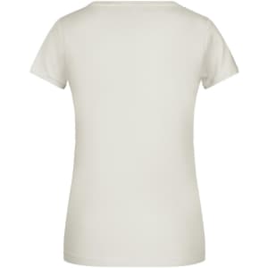 A light grey ladies' T-shirt with short sleeves, featuring a logo on the back.
