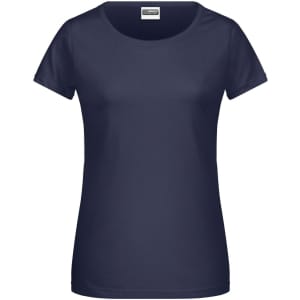 A navy blue ladies T-shirt with a round neckline and short sleeves, featuring a logo on the label.
