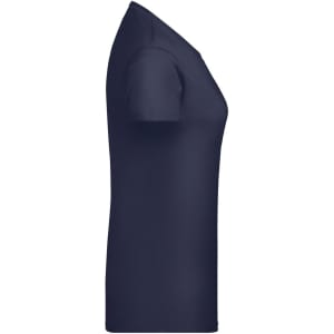 A navy blue ladies T-shirt with a fitted style and short sleeves, featuring a logo on the side.