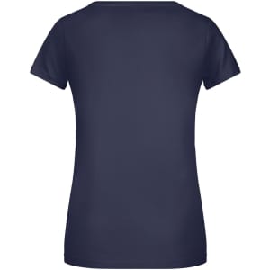 A navy blue ladies T-shirt with a rounded neckline and short sleeves. The back is plain with a logo.