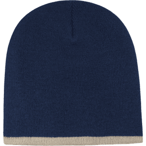 A navy striped short beanie with a patterned beige band at the bottom. It has a simple design and a soft texture.