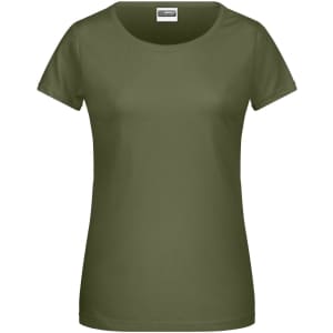A ladies basic T-shirt in olive green with a scoop neckline and short sleeves. It features a small logo.