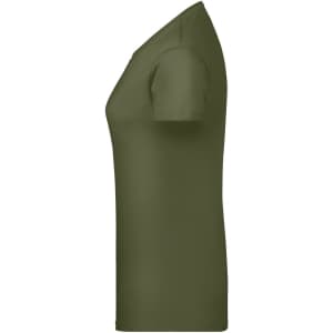A ladies' olive green basic T-shirt with short sleeves and a fitted design. It features a branding logo.
