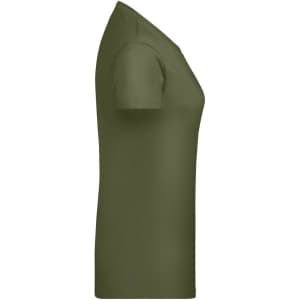 A short-sleeved olive green women's t-shirt with a fitted silhouette and a logo on the side.