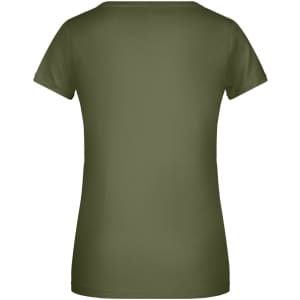 A green women's T-shirt with a short sleeve and a round neckline, featuring a simple and sleek design.