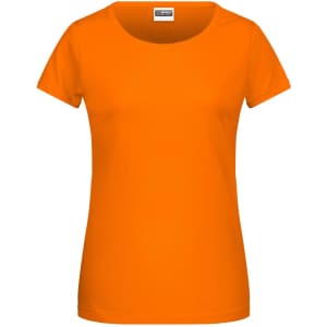 A bright orange ladies T-shirt with a scoop neckline and short sleeves. It features a logo on the label.