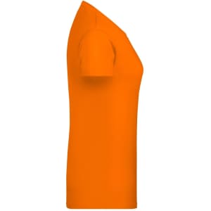An orange women's T-shirt with a classic cut and short sleeves, featuring a logo on the side.