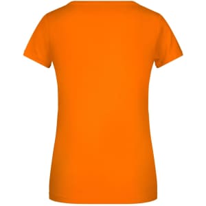 An orange T-shirt with a fitted back design. It features short sleeves and has a logo on the back.