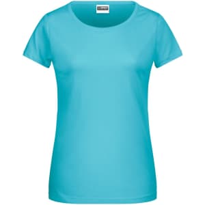 A ladies' basic T-shirt in bright turquoise, featuring a round neckline and short sleeves. It has a logo on the label.