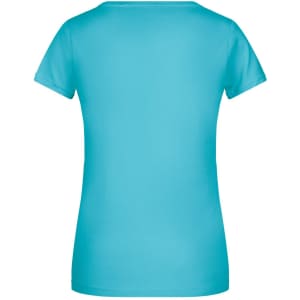 A turquoise women's t-shirt with a fitted design and short sleeves, featuring a logo on the back.