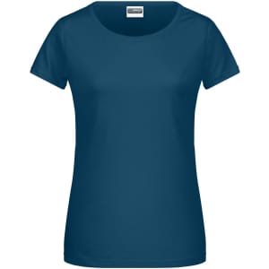 A navy blue ladies T-shirt with a round neck and short sleeves, featuring a logo on the label.