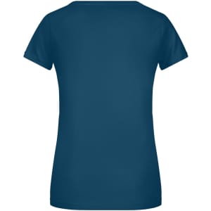A navy blue ladies T-shirt with a classic fit and short sleeves. The shirt features a logo at the back.