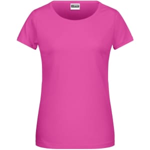 A pink women's T-shirt with a scoop neckline and short sleeves. It has a logo on the label.
