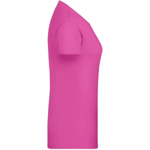A pink ladies T-shirt displayed from the side, featuring a fitted style and short sleeves. It has a logo on it.