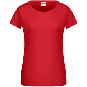 A red basic T-shirt for ladies featuring a round neckline and short sleeves. Includes a logo.