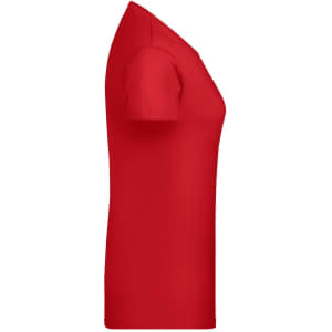 A red women's basic T-shirt with short sleeves and a fitted silhouette. It features a logo on the side.