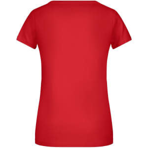 A red women's T-shirt featuring a fitted design and short sleeves, with a logo on the back.