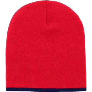 A red beanie with a navy blue stripe at the bottom, featuring a smooth texture and a fitted design.