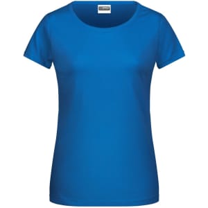 A ladies' basic T-shirt in vibrant blue with a round neckline and short sleeves. Features a logo on the tag.