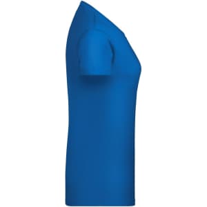 A blue ladies T-shirt displayed from the side, featuring short sleeves and a fitted design. It has a logo.