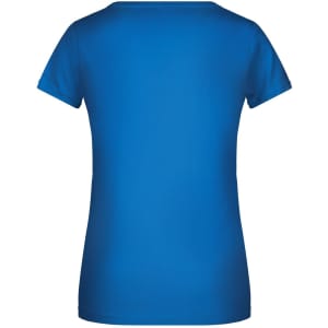 A blue ladies T-shirt with short sleeves and a fitted design, featuring a logo on the back.