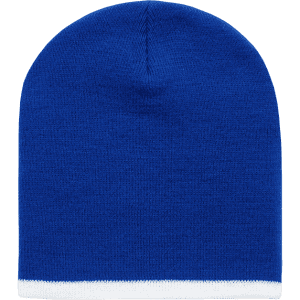 A striped short beanie in blue with a white stripe at the bottom. Features a logo on the side.