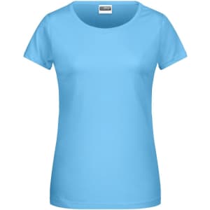 A light blue ladies T-shirt with short sleeves and a round neckline. The shirt features a logo.