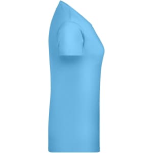 A light blue women's t-shirt with short sleeves, featuring a logo on the side.