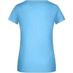 A women's t-shirt in a solid light blue colour, featuring a round neckline and short sleeves, with a logo on the back.