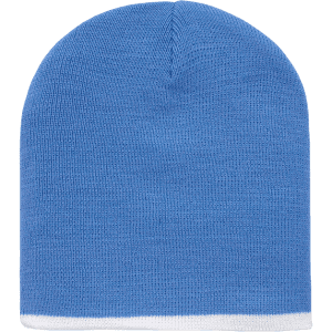 A striped short beanie in blue with a white band at the bottom, featuring a knitted texture.
