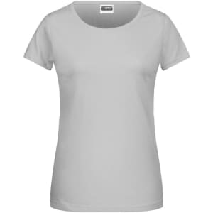 A grey ladies' basic T-shirt with a round neckline and short sleeves. It features a branding logo.