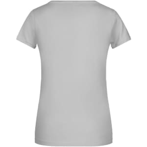 A light grey women's t-shirt with a classic fit and short sleeves, featuring a logo on the back.