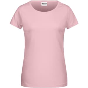 A pink ladies T-shirt with a round neckline and short sleeves. It features a brand logo.