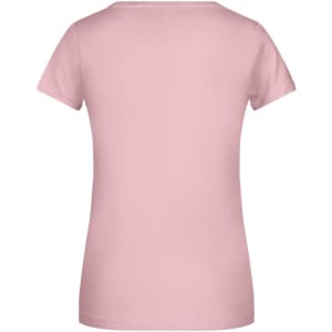 A pale pink ladies' T-shirt with short sleeves and a classic crew neckline, featuring a logo on the back.