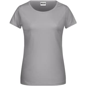 A grey ladies T-shirt with a round neckline and short sleeves, featuring a logo on the label.