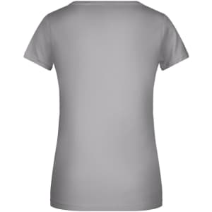 A grey women's short-sleeve T-shirt with a classic cut, featuring a plain back design and a logo.