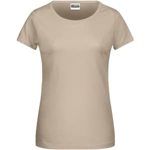 A beige ladies' basic T-shirt with short sleeves and a round neckline, featuring a logo.