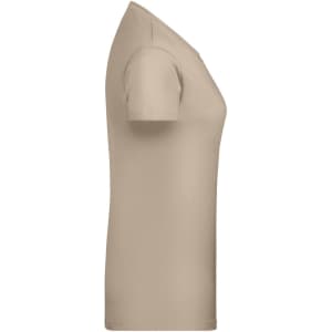 A beige ladies' T-shirt displayed from the side, featuring short sleeves and a fitted silhouette. It has a logo.
