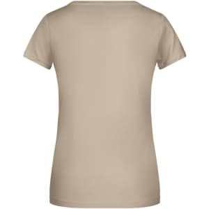 A beige ladies t-shirt featuring a classic crew neck and short sleeves, with a logo on the back.