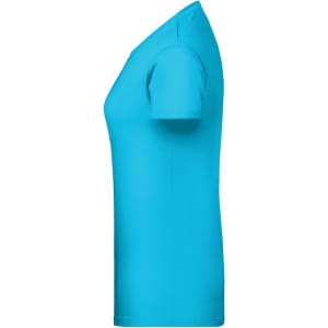 A turquoise ladies' T-shirt with short sleeves and a fitted design, featuring a logo.