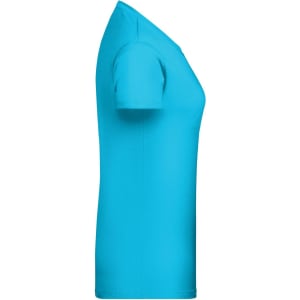 A side view of a bright blue ladies T-shirt featuring short sleeves and a fitted shape. It has a logo.