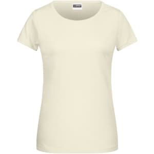 A light cream, short-sleeved women's T-shirt with a round neckline and a logo.