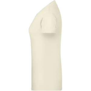 A cream short-sleeve women's t-shirt with a fitted design, featuring a logo on the side.
