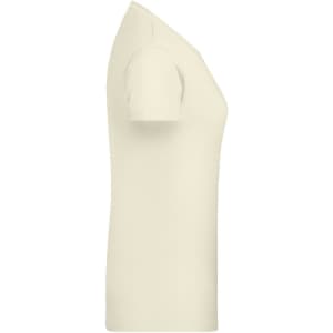 A side view of a plain, cream-coloured women's t-shirt with a fitted design and short sleeves. It features a logo.