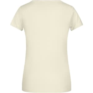 A light cream women's t-shirt with short sleeves and a round neckline, featuring a logo.