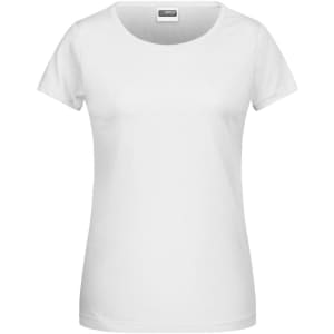 A plain white ladies' T-shirt with a round neck and short sleeves, featuring a logo on the label.
