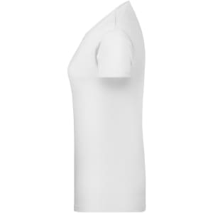 A white short-sleeved women's T-shirt with a straight cut and a logo on the side.