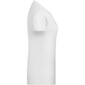 A white women’s T-shirt with short sleeves, featuring a fitted design and a logo on the side.