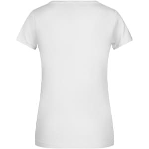 A white short-sleeved T-shirt with a round neckline and a plain back, featuring a logo.